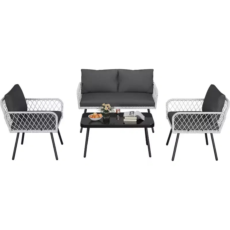 Acekool 3-Piece Patio Furniture Set with 2 PE Wicker Chairs & Loveseat, Glass Top Coffee Table, Outdoor Seating with Cushions for Balcony & Garden