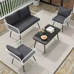 Acekool 3-Piece Patio Furniture Set with 2 PE Wicker Chairs & Loveseat, Glass Top Coffee Table, Outdoor Seating with Cushions for Balcony & Garden