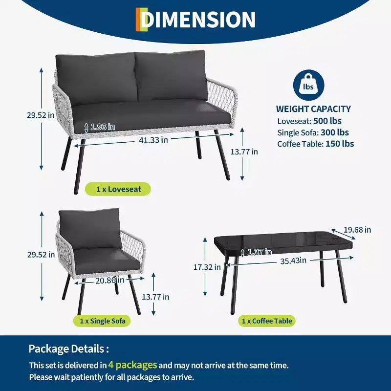 Acekool 3-Piece Patio Furniture Set with 2 PE Wicker Chairs & Loveseat, Glass Top Coffee Table, Outdoor Seating with Cushions for Balcony & Garden