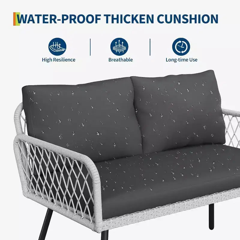 Acekool 3-Piece Patio Furniture Set with 2 PE Wicker Chairs & Loveseat, Glass Top Coffee Table, Outdoor Seating with Cushions for Balcony & Garden
