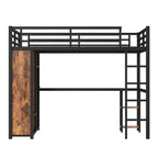 Lit mezzanine Queen Size avec armoire intégrée, lit mezzanine en métal avec bureau et étagères de rangement, finition grain de bois