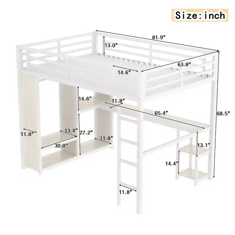 Lit mezzanine Queen Size avec armoire intégrée, lit mezzanine en métal avec bureau et étagères de rangement, finition grain de bois
