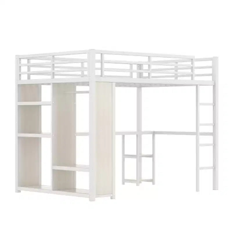 Lit mezzanine Queen Size avec armoire intégrée, lit mezzanine en métal avec bureau et étagères de rangement, finition grain de bois