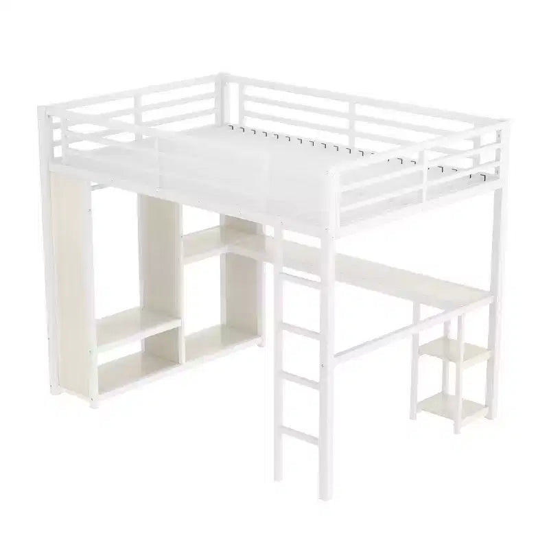 Lit mezzanine Queen Size avec armoire intégrée, lit mezzanine en métal avec bureau et étagères de rangement, finition grain de bois