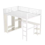 Lit mezzanine Queen Size avec armoire intégrée, lit mezzanine en métal avec bureau et étagères de rangement, finition grain de bois