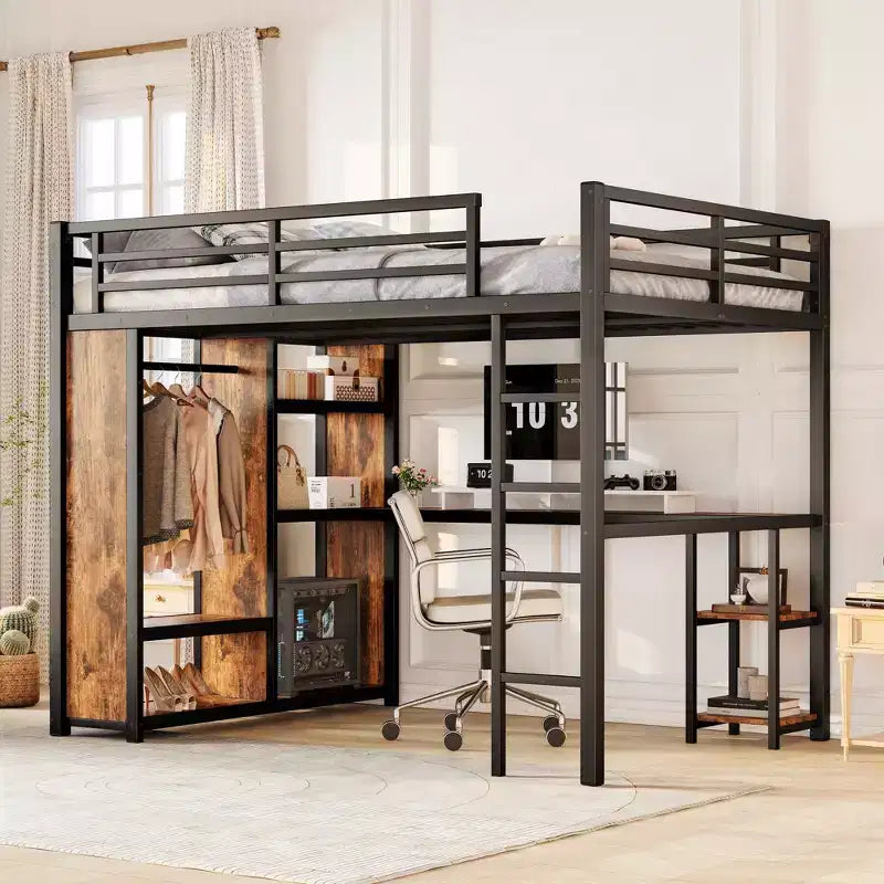 Queen Size Loft Bed Frame with Built-in Wardrobe Metal Loft Bed with Desk and Storage Shelves Woodgrain