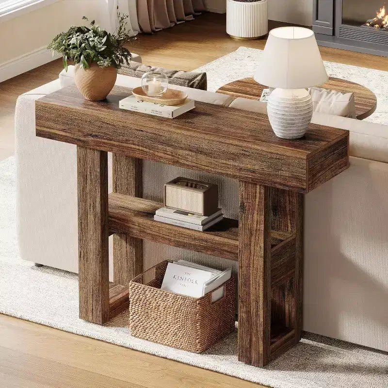 Lantine 41.34Table Console de Ferme, Table Étroite à 2 Niveaux Derrière Le Canapé, avec Étagères de Rangement pour Salon