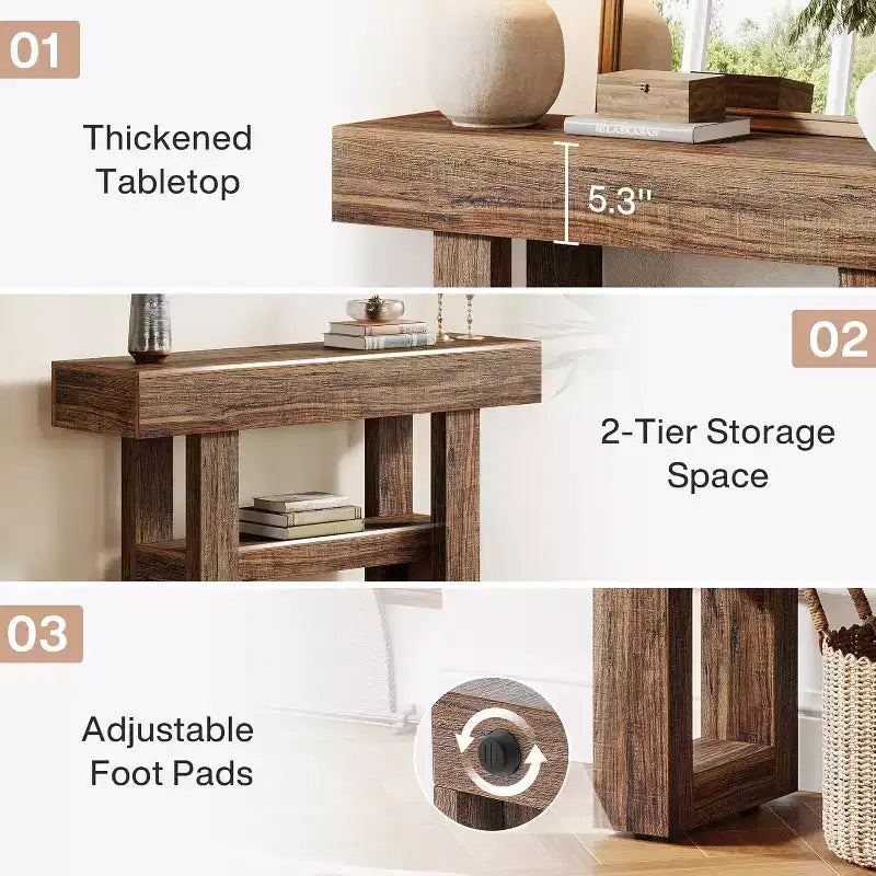 Lantine 41.34Table Console de Ferme, Table Étroite à 2 Niveaux Derrière Le Canapé, avec Étagères de Rangement pour Salon