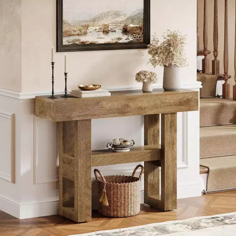 Lantine 41.34Table Console de Ferme, Table Étroite à 2 Niveaux Derrière Le Canapé, avec Étagères de Rangement pour Salon