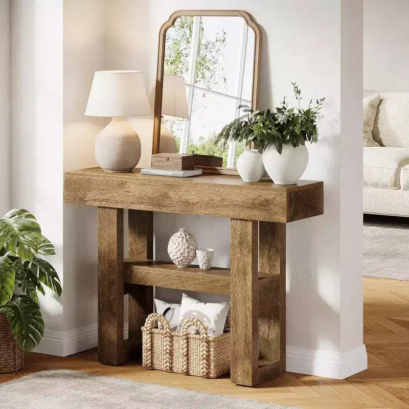 Lantine 41.34Table Console de Ferme, Table Étroite à 2 Niveaux Derrière Le Canapé, avec Étagères de Rangement pour Salon