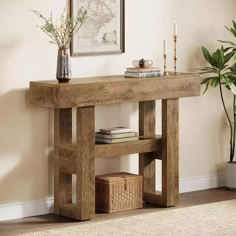 Lantine 41.34Table Console de Ferme, Table Étroite à 2 Niveaux Derrière Le Canapé, avec Étagères de Rangement pour Salon
