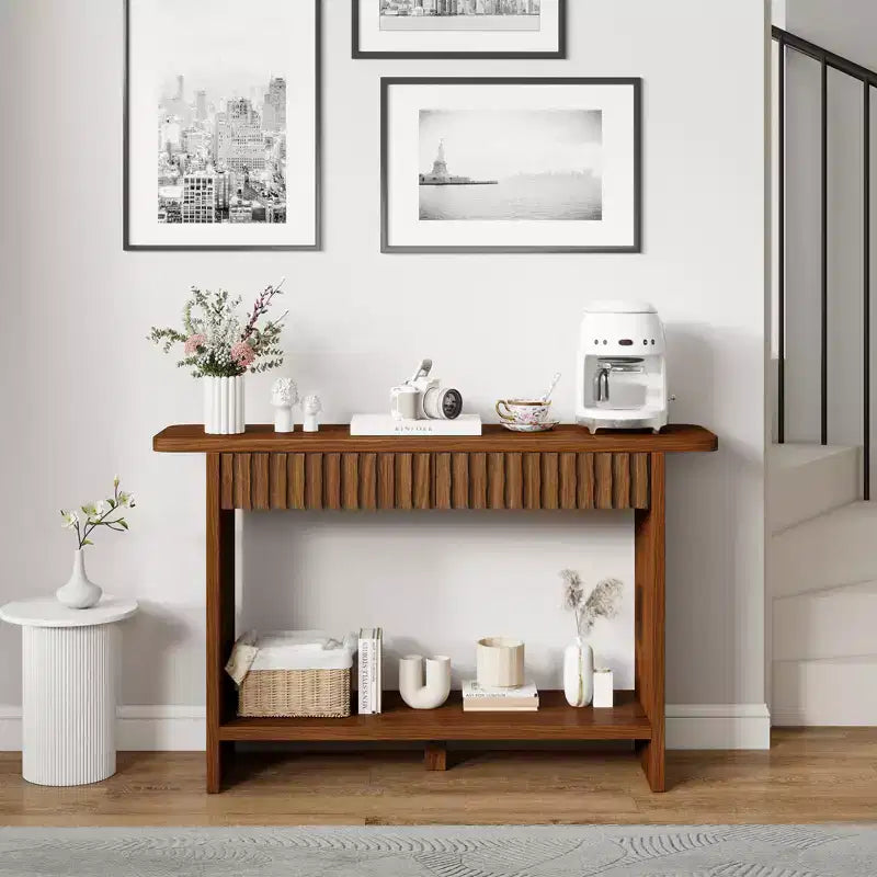 Bekrvio 51 Farmhouse Console Table with Drawers & Storage Shelf,Narrow Sofa Table Behind Couch, Wood Accent Table for Living Room, Hallway, Walnut