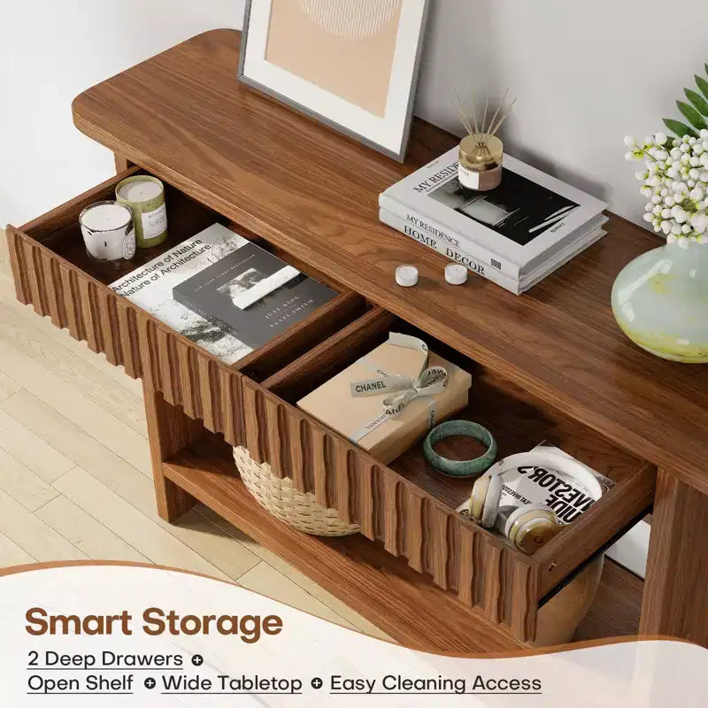 Bekrvio 51 Farmhouse Console Table with Drawers & Storage Shelf,Narrow Sofa Table Behind Couch, Wood Accent Table for Living Room, Hallway, Walnut