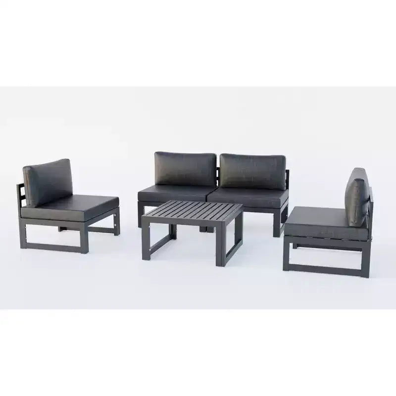 LeisureMod Chelsea 5-Piece Outdoor Patio Sectional Set with Coffee Table  Black Aluminum Frame, Cushions, Weather-Resistant