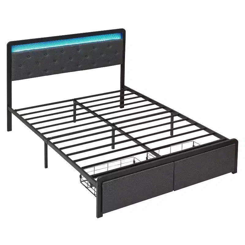 LED Queen Bed Frame with 2 Storage Drawers - Upholstered Platform Bed with Headboard, Strong Metal Support Slats, No Box Spring Needed