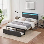 Cadre de lit Queen size LED avec 2 tiroirs de rangement – Lit plateforme tapissé avec tête de lit, lattes de support en métal solides, pas besoin de sommier tapissier