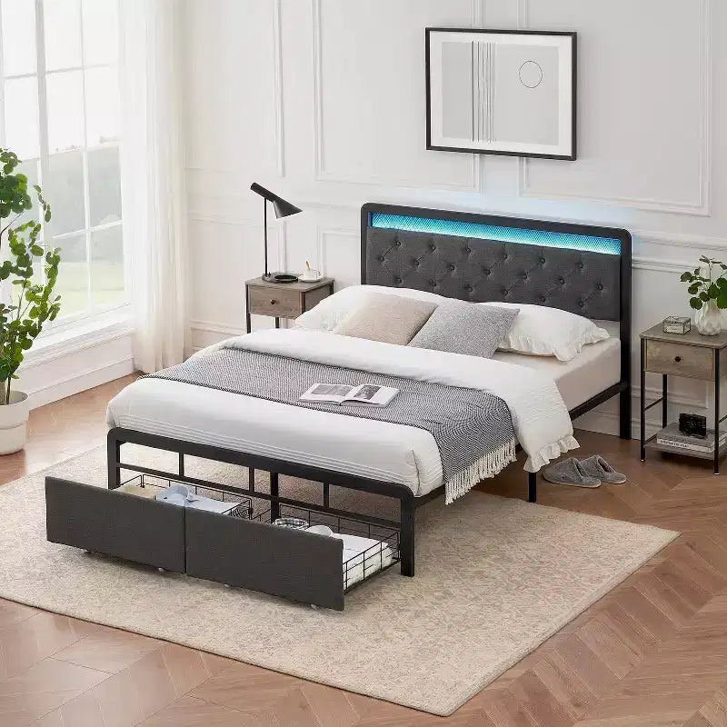 Cadre de lit Queen size LED avec 2 tiroirs de rangement – Lit plateforme tapissé avec tête de lit, lattes de support en métal solides, pas besoin de sommier tapissier