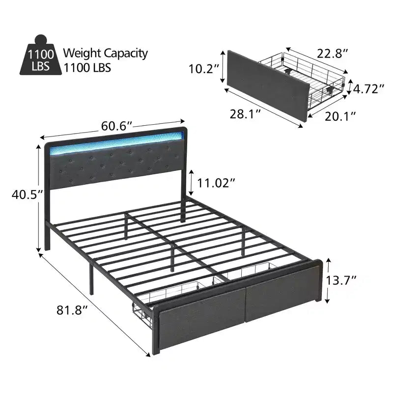 Cadre de lit Queen size LED avec 2 tiroirs de rangement – Lit plateforme tapissé avec tête de lit, lattes de support en métal solides, pas besoin de sommier tapissier