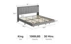 Cadre de lit flottant King size avec station de recharge et tête de lit de rangement, plateforme rembourrée King size avec lumières LED