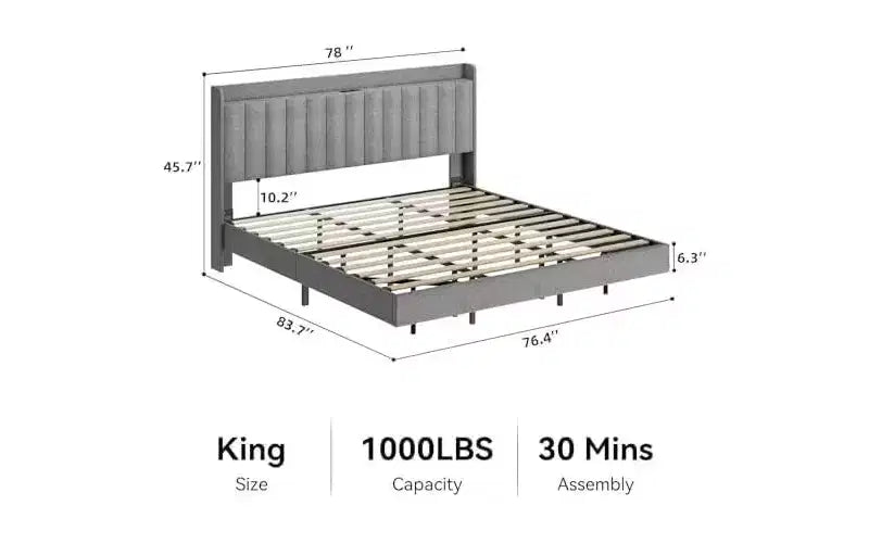 Cadre de lit flottant King size avec station de recharge et tête de lit de rangement, plateforme rembourrée King size avec lumières LED
