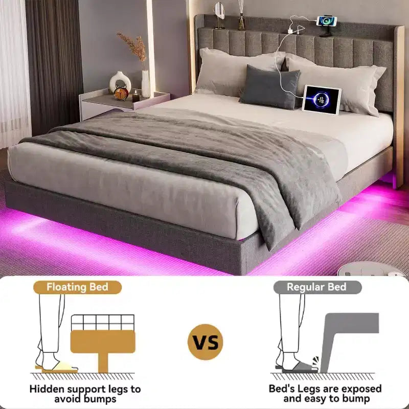 Cadre de lit flottant King size avec station de recharge et tête de lit de rangement, plateforme rembourrée King size avec lumières LED