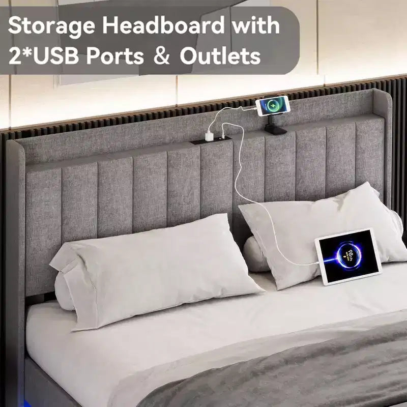 Cadre de lit flottant King size avec station de recharge et tête de lit de rangement, plateforme rembourrée King size avec lumières LED