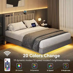 Cadre de lit flottant King size avec station de recharge et tête de lit de rangement, plateforme rembourrée King size avec lumières LED