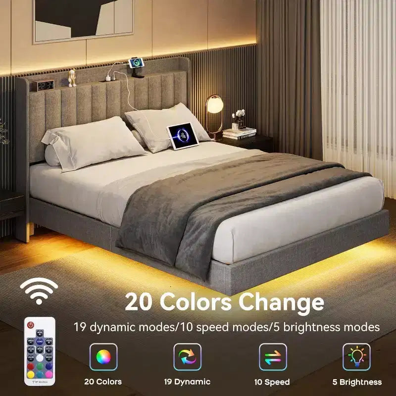 Cadre de lit flottant King size avec station de recharge et tête de lit de rangement, plateforme rembourrée King size avec lumières LED