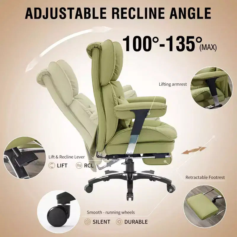 Chaise de bureau grande taille avec repose-pieds - Chaise de bureau exécutive Efomao à dossier haut avec assise large, accoudoirs réglables, chaise d'ordinateur ergonomique, verte