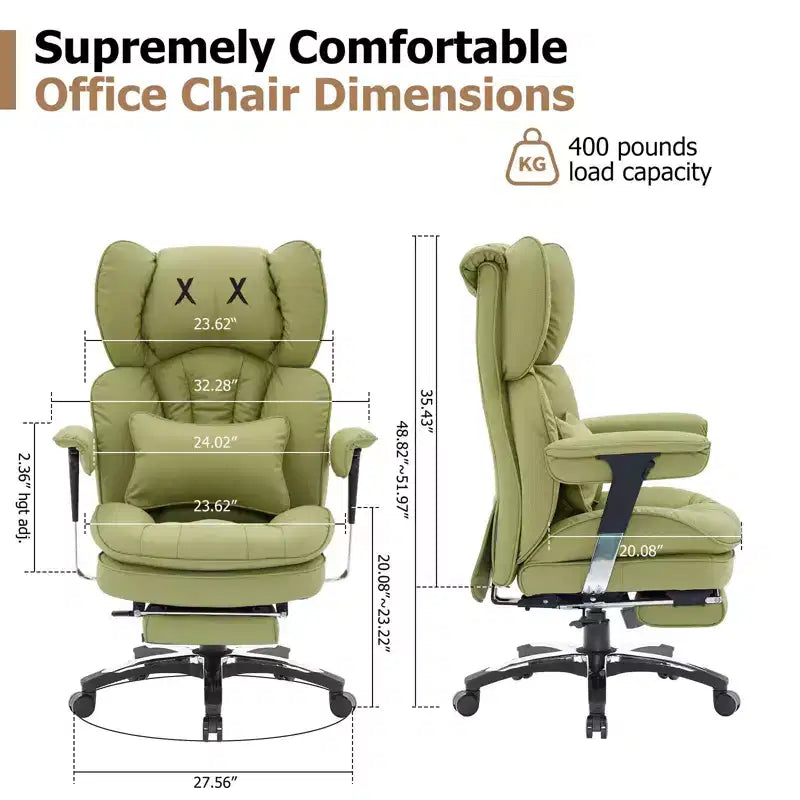 Chaise de bureau grande taille avec repose-pieds - Chaise de bureau exécutive Efomao à dossier haut avec assise large, accoudoirs réglables, chaise d'ordinateur ergonomique, verte