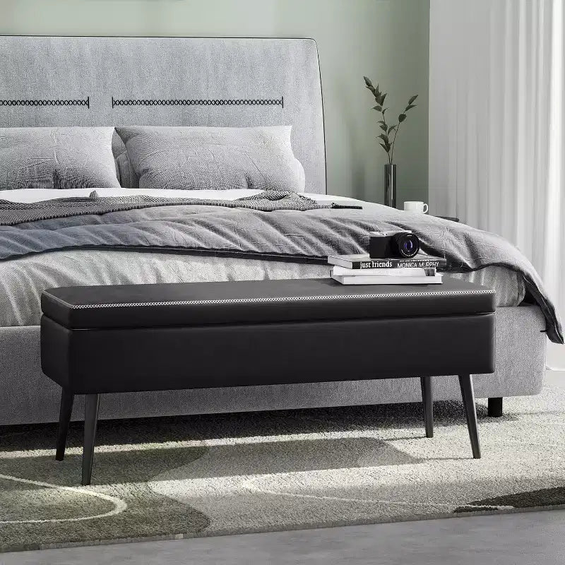 Storage Ottoman Bench, Mid-Century Modern Entryway Bedroom Bench for Bedroom, Entryway End, Synthetic Leather with Stitching, Loads 680 Lb