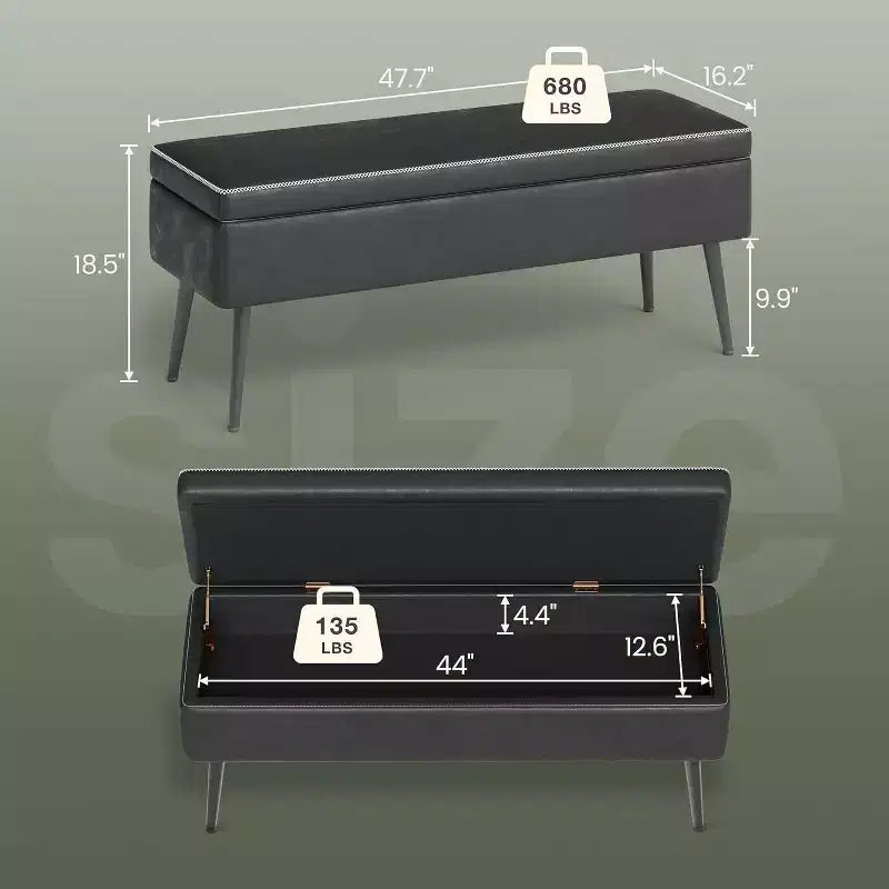 Banc de rangement ottoman, banc de chambre d'entrée moderne du milieu du siècle pour chambre à coucher, extrémité d'entrée, cuir synthétique avec coutures, charge 308 kg