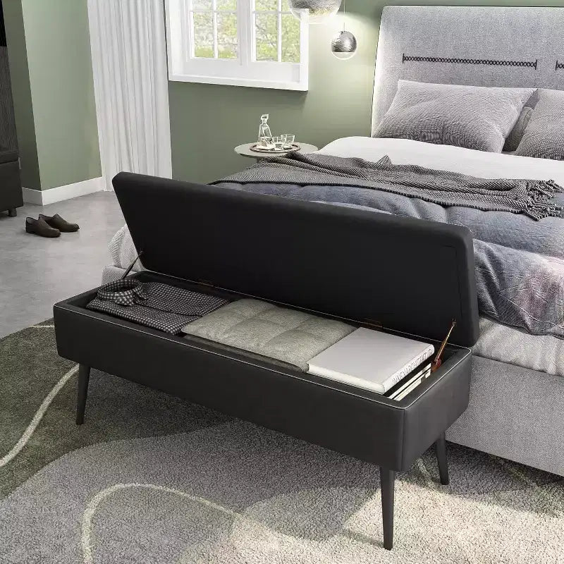 Banc de rangement ottoman, banc de chambre d'entrée moderne du milieu du siècle pour chambre à coucher, extrémité d'entrée, cuir synthétique avec coutures, charge 308 kg