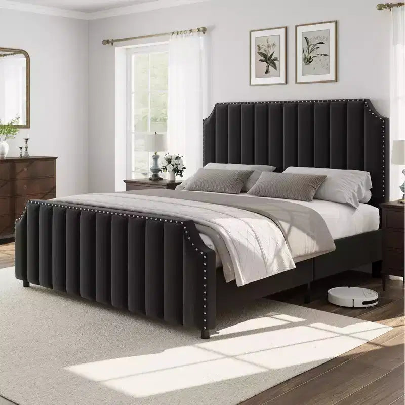 Cadre de lit avec tête de lit de 50,2 po, Cadre de lit plateforme rembourré avec capitonnage vertical à canaux