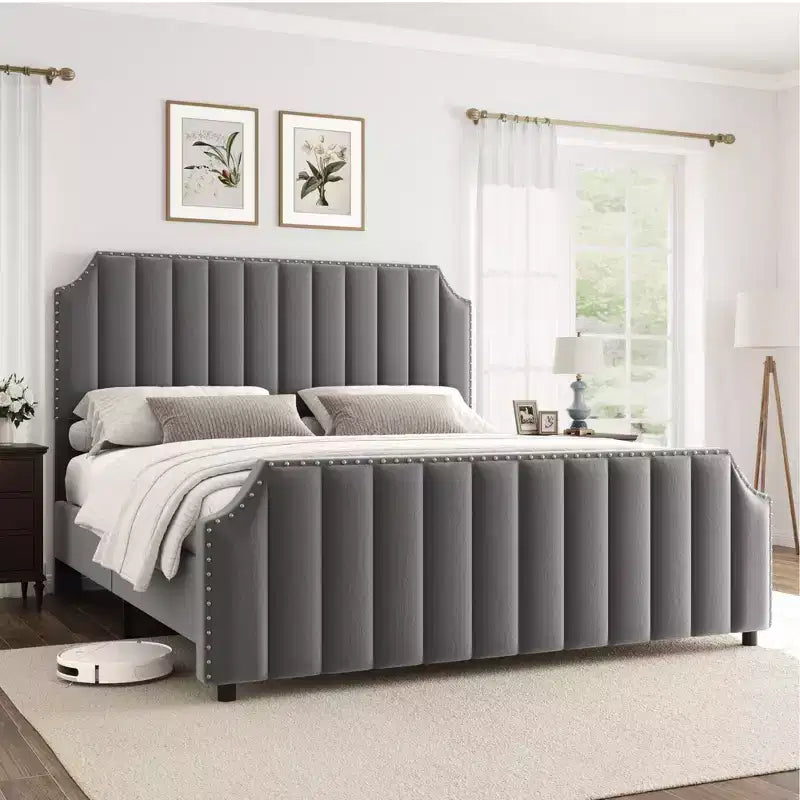 Bed Frame with 50.2 Headboard,Upholstered Platform Bed Frame with Vertical Channel Tufted
