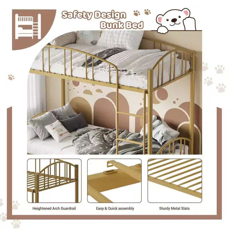 Bunk Bed Twin, Twin Bunk Bed Frame with Safety Ladder, Sturdy Steel Bed with Heightened Arched Guardrail ,Easy Assembly, for School, Bedroom