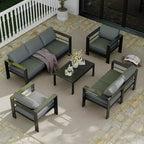Ensemble de mobilier de patio en aluminium 7 places, ensemble de conversation extérieur 5 pièces, canapé sectionnel avec 4 accoudoirs, 5 coussins épais et table basse