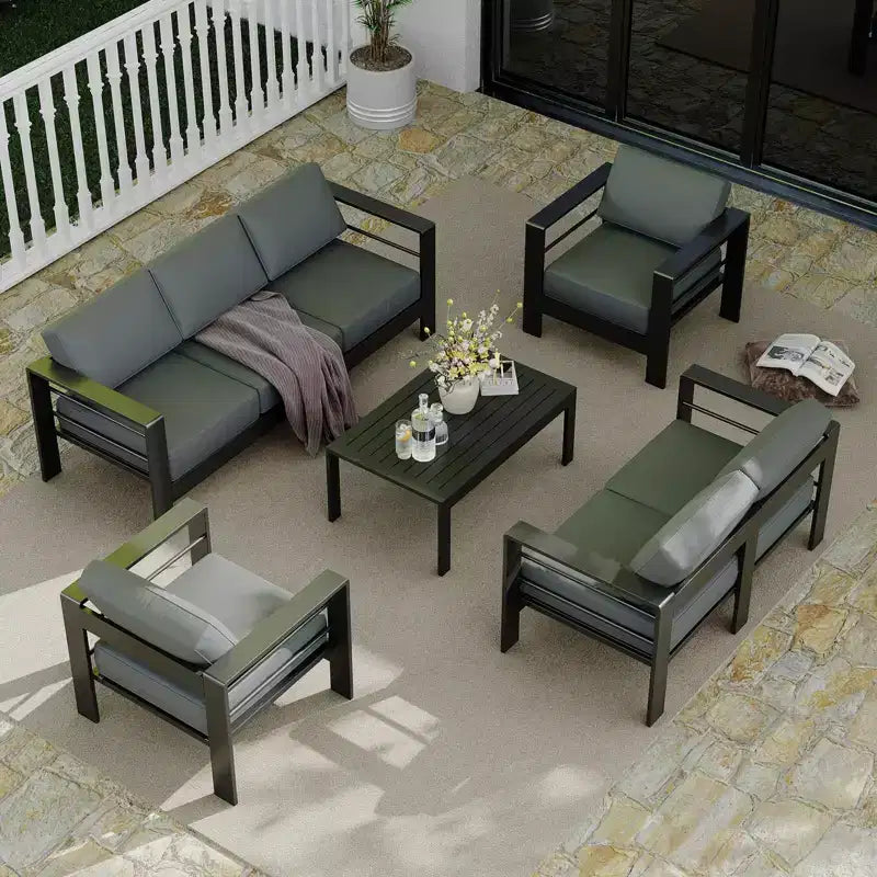 Ensemble de mobilier de patio en aluminium 7 places, ensemble de conversation extérieur 5 pièces, canapé sectionnel avec 4 accoudoirs, 5 coussins épais et table basse