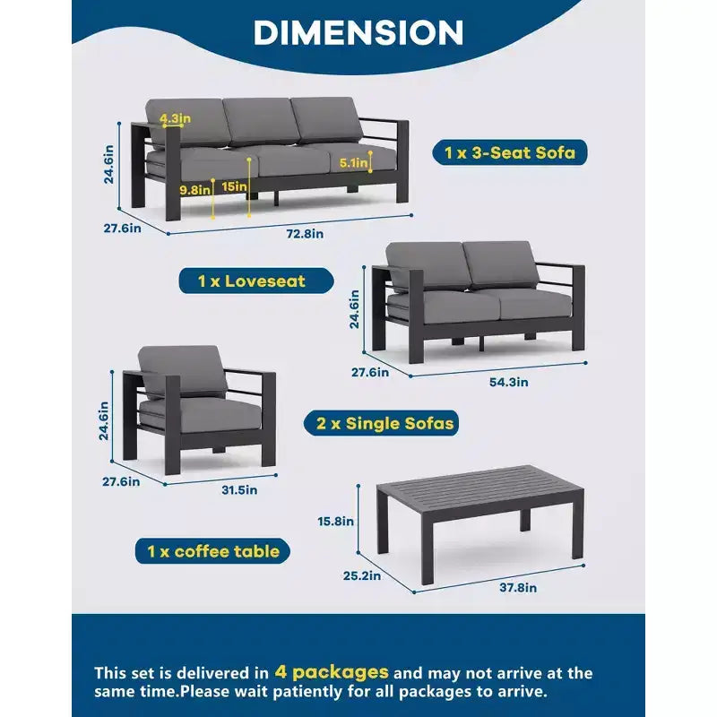 Ensemble de mobilier de patio en aluminium 7 places, ensemble de conversation extérieur 5 pièces, canapé sectionnel avec 4 accoudoirs, 5 coussins épais et table basse