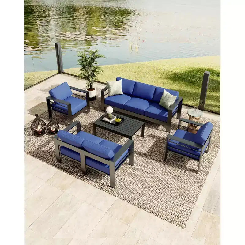 Ensemble de mobilier de patio en aluminium 7 places, ensemble de conversation extérieur 5 pièces, canapé sectionnel avec 4 accoudoirs, 5 coussins épais et table basse