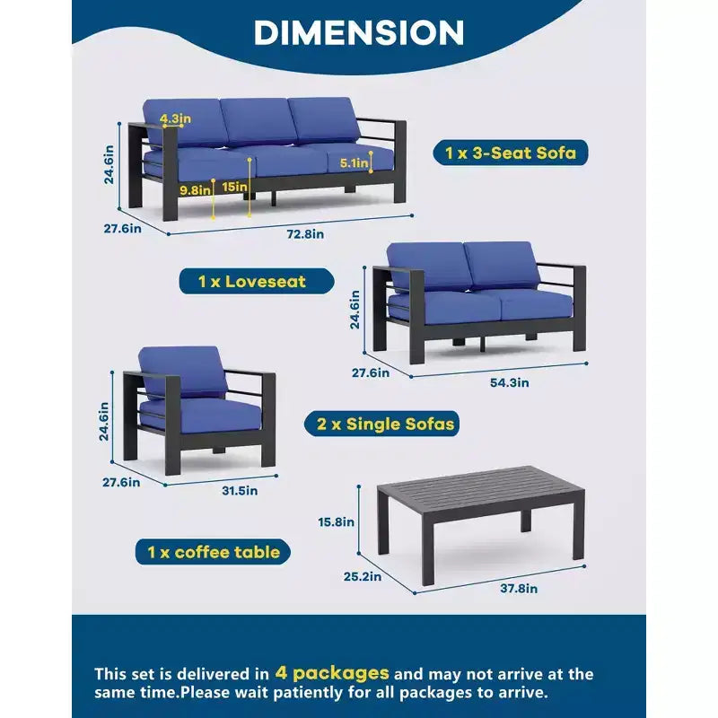 Ensemble de mobilier de patio en aluminium 7 places, ensemble de conversation extérieur 5 pièces, canapé sectionnel avec 4 accoudoirs, 5 coussins épais et table basse