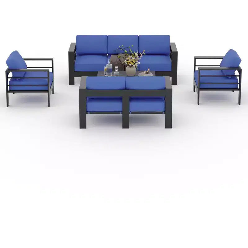Ensemble de mobilier de patio en aluminium 7 places, ensemble de conversation extérieur 5 pièces, canapé sectionnel avec 4 accoudoirs, 5 coussins épais et table basse