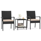 Ensemble de mobilier de jardin Costway 3 pièces avec table à 2 niveaux, plateau en verre trempé et coussins moelleux Blanc/Noir/Marron