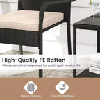 Ensemble de mobilier de jardin Costway 3 pièces avec table à 2 niveaux, plateau en verre trempé et coussins moelleux Blanc/Noir/Marron