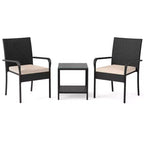 Ensemble de mobilier de jardin Costway 3 pièces avec table à 2 niveaux, plateau en verre trempé et coussins moelleux Blanc/Noir/Marron