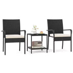 Ensemble de mobilier de jardin Costway 3 pièces avec table à 2 niveaux, plateau en verre trempé et coussins moelleux Blanc/Noir/Marron
