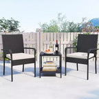 Ensemble de mobilier de jardin Costway 3 pièces avec table à 2 niveaux, plateau en verre trempé et coussins moelleux Blanc/Noir/Marron