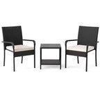 Ensemble de mobilier de jardin Costway 3 pièces avec table à 2 niveaux, plateau en verre trempé et coussins moelleux Blanc/Noir/Marron