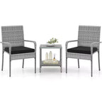 Ensemble de mobilier de jardin Costway 3 pièces avec table à 2 niveaux, plateau en verre trempé et coussins moelleux Blanc/Noir/Marron
