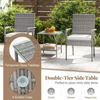 Ensemble de mobilier de jardin Costway 3 pièces avec table à 2 niveaux, plateau en verre trempé et coussins moelleux Blanc/Noir/Marron
